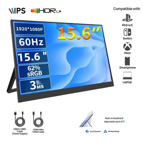 W&O 15.6in Portable Monitor - 1920x1080p FHD HDR Support IPS Panel, USB-C/HDMI Display with Smart Cover, Screen Protector, Speakers, Travel Tech Gadget for Gaming Monitor, Entertainment