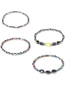 4 Pcs Colorful Adjustable Unisex Hematite Beaded Anklet Set for Women Men Polished Natural Hematite Beads Stainless Steel Accents Varied Designs Including Gradient Rainbow Hematite Star Charm Metallic Tone Styles Elastic Fit for Comfortable Daily Wear