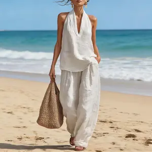 Viral Summer 2 Piece Set for Women  Boho Halter Backless Top & Wide Leg Pants | Beach Vacation Outfit, Resort Wear, Effortless Chic Travel Look 2026