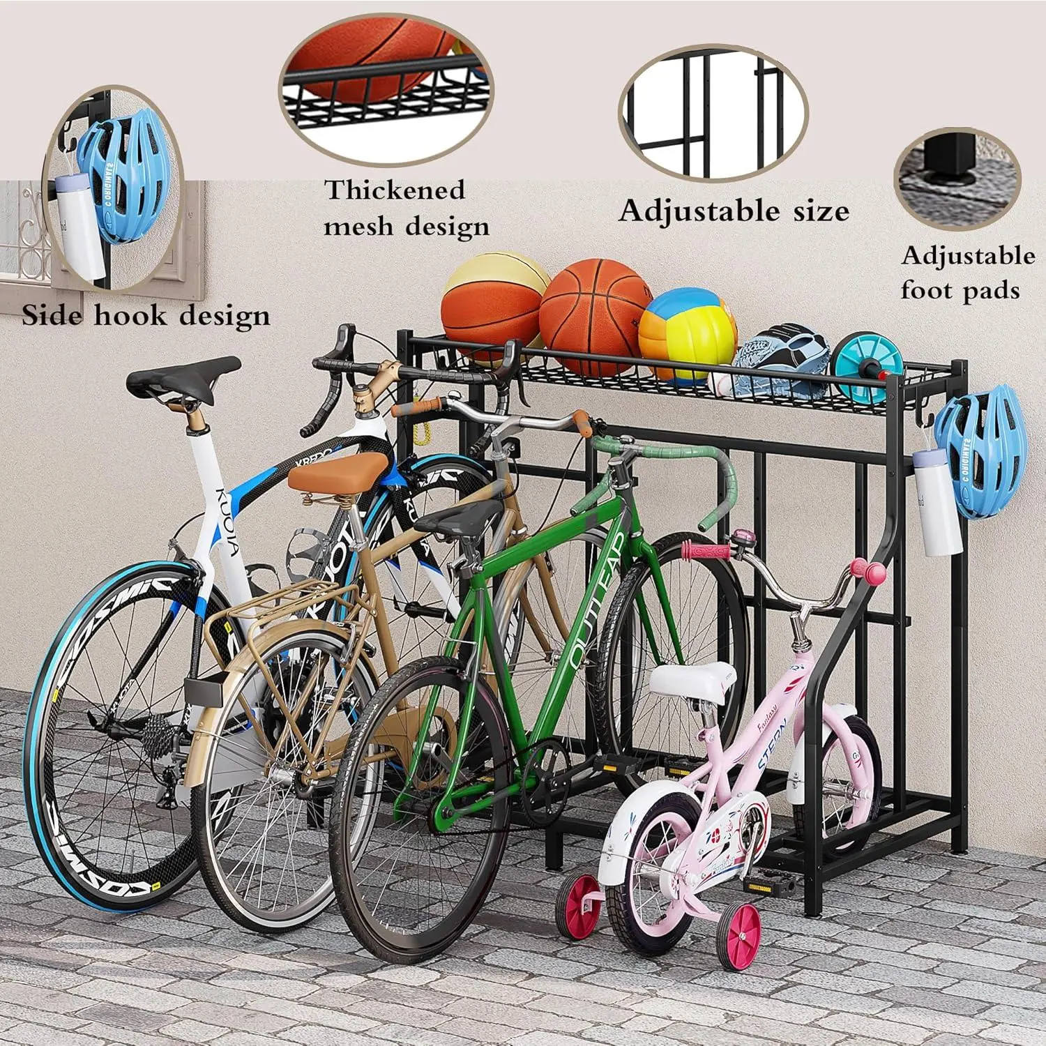Bike Rack Garage Storage Floor Stand - Freestanding Organizer for Outdoor Yard - Upright Wall Mount for Scooters, Rakes, Motorcycles, Hoverboards, Gloves - Holds 4 Bicycle - Black