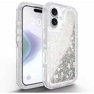 For iPhone 16 15 14 13 12 11 Pro XS Max XR 8 7 Plus Glitter Liquid Quicksand Shockproof Phone Case 3 IN 1 Heavy Duty Flash Cover