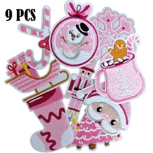 9PCS Pink Santa Claus Christmas Iron on Patches Embroidered Sew Applique Repair Patch for Craft, Clothing, Decoration and DIY Christmas Gifts