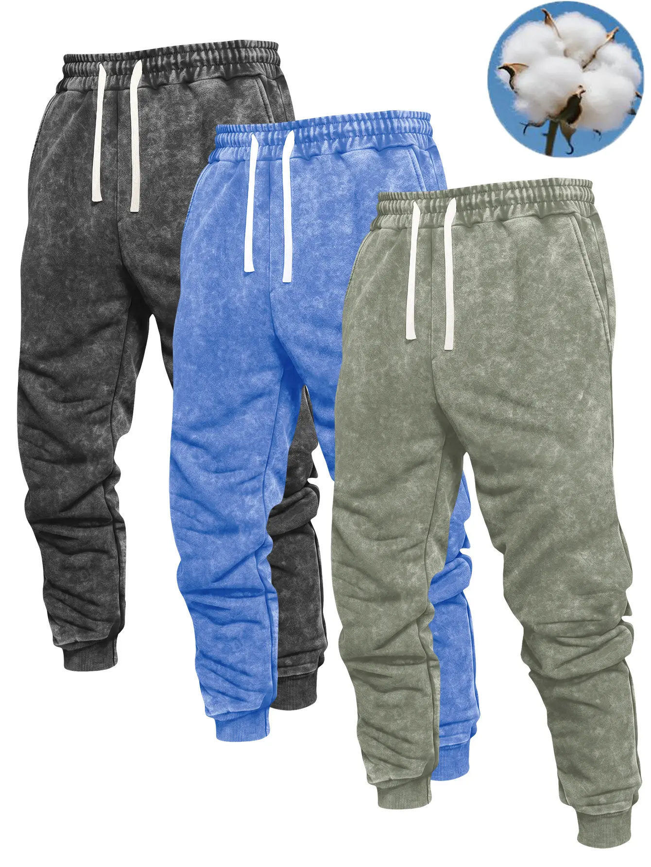 Men’s spring/autumn cotton acid-wash athletic casual jogging long pants, regular fit with an adjustable elastic waistband, side pockets, ribbed cuffs, non-slip design; lightweight and breathable, vintage washed finish; suitable for running, fitness traini