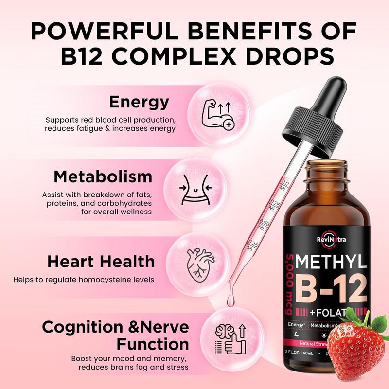 ReviNutra Vitamin B12 Drops Sale | 5000mcg B-Complex with Methylcobalamin, Folate & B6 – 2oz Vegan Strawberry for Energy & Heart Health