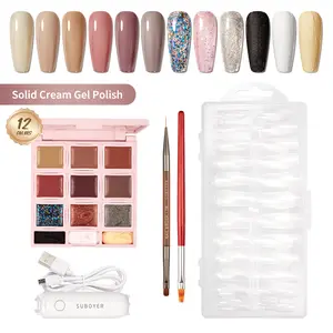 SUBOYER 12-color solid nude gel nail polish set, including 3 solid glitter gel nail polishes, 3 art modeling plaster glues, with mini UV/LED lamp and 5 false nails, portable nail art tool set, suitable for all seasons，christmas nails kit