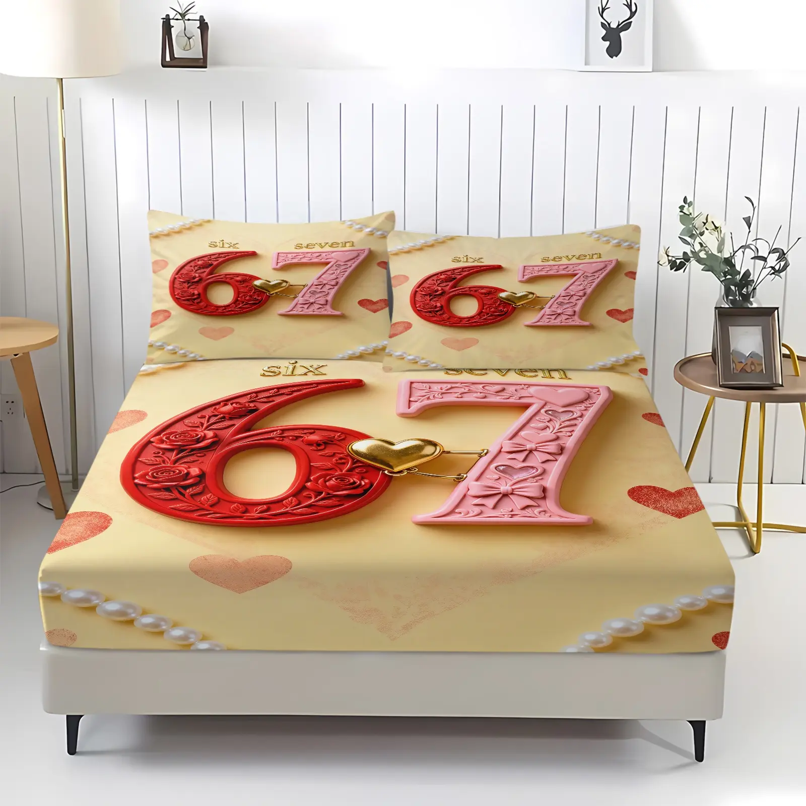 3-piece set of 67 love patterned bed sheets, including 1 bed sheet and 2 pillowcases, anti slip dust cover suitable for bedrooms, suitable as a Christmas gift