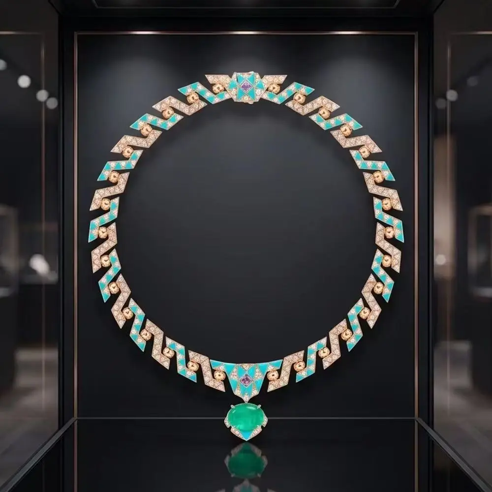 Art Deco Geometric Zigzag Turquoise Enamel Necklace Earrings Set, Oval Cabochon Simulated Emerald Choker Collar Necklace, 14K Rose Gold Plated Vintage Statement Evening Formal Jewelry Set