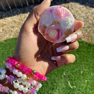 Pink Junky Mini Mirror with Floral Accents, Pink and White Bead Strap, Decorative Design, Elegant Style for Everyday Use