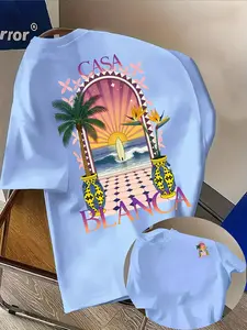 Men's Casual Comfortable Short Sleeve T-Shirt, Casablanca Pattern Front and Back, Loose Fit, Ideal for Daily Wear, Travel, Dating