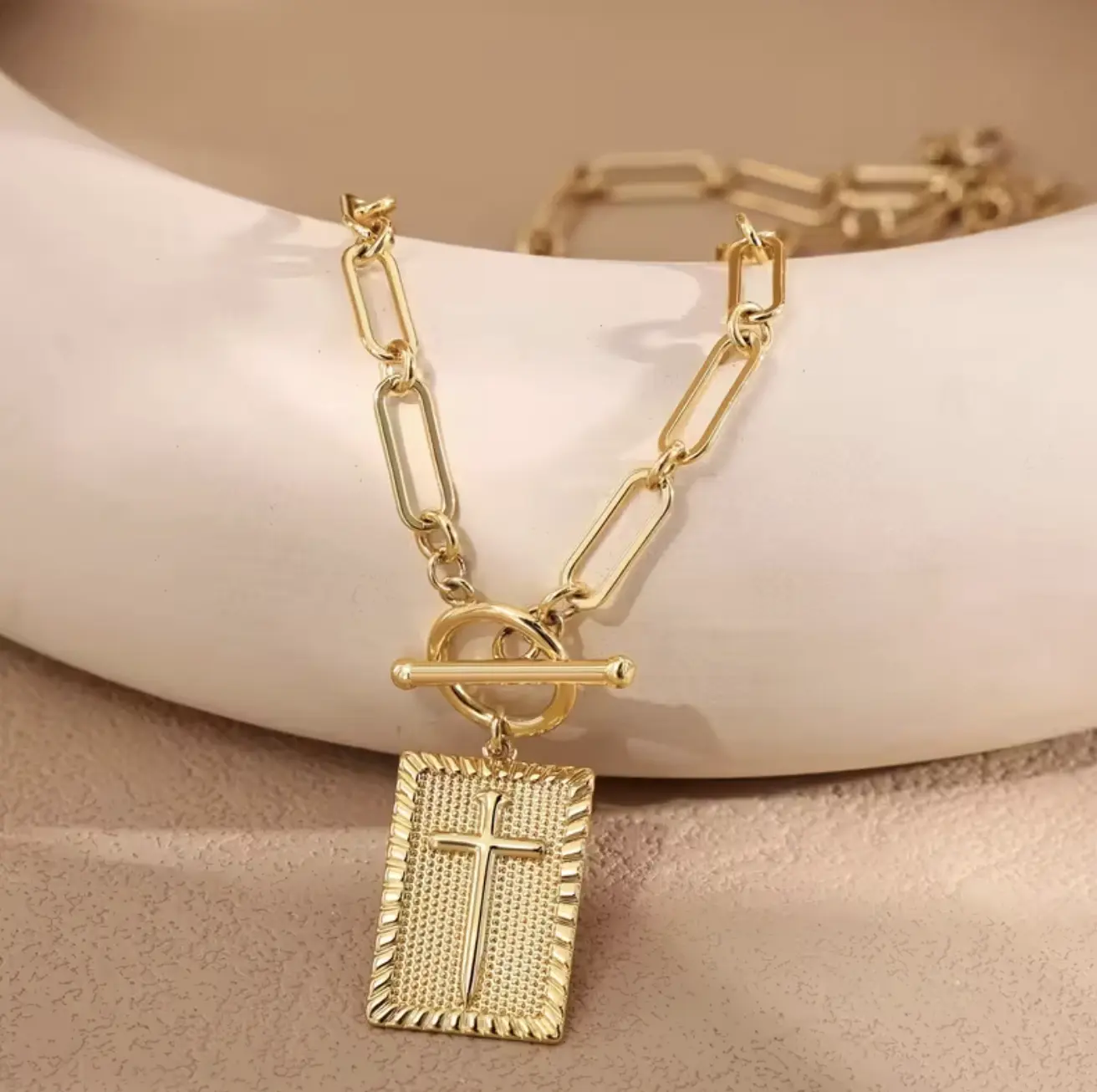 Gold Block Cross Necklace - Sleek Modern Polished Rectangular Pendant with Delicate Cross Embossing & Toggle Clasp for Everyday Wear