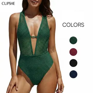 CUPSHE 【Valentine's Day】 2026 New Crochet Mesh V-Plunge One Piece - High-Cut Tummy Control Monokini Swimsuit for Beach & Pool Parties | Sculpting Waist