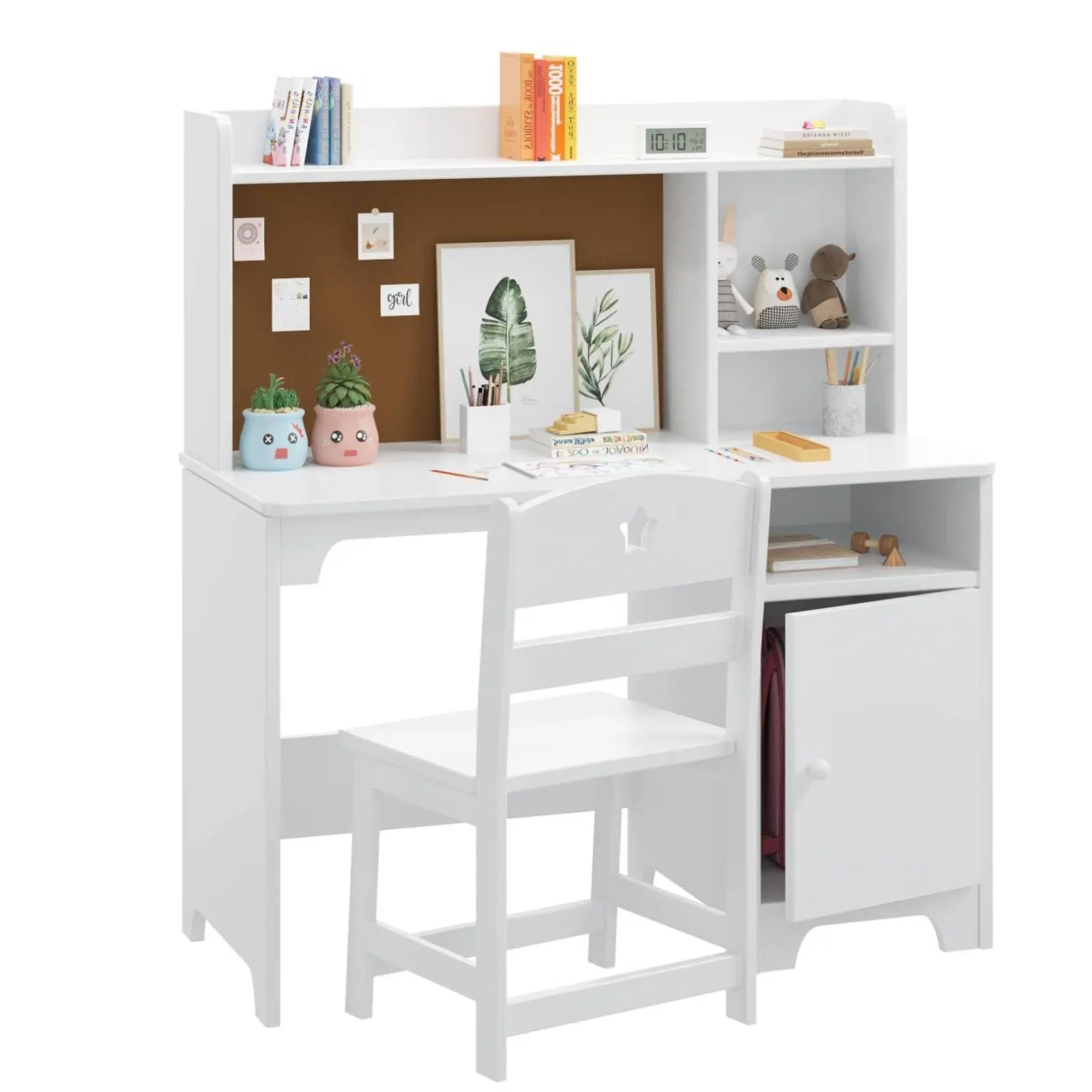 Wooden Kids Desk & Chair Set - Ergonomic Study Table with Hutch, Storage Cabinet, Easy Assembly for Bedroom - White Indoor Furniture Writing/Computer Workstation