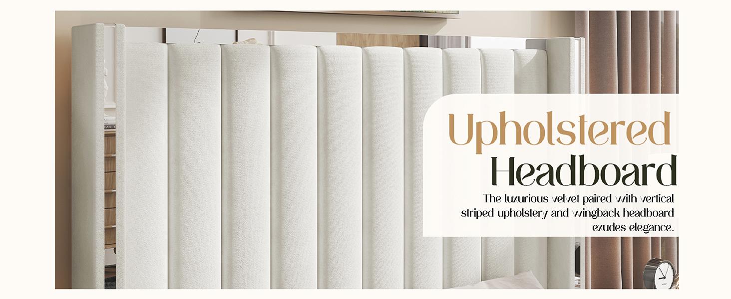 AMERLIFE Modern  Bed Frame with 58" Tall Headboard, Velvet Upholstered Platform Bed with Channel Tufted Wingback Headboard & Plating Trim Design, No Box Spring Needed, Luxury Bedroom Furniture/Best Gift Ideas/Christmas Gifts