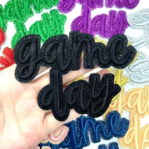 CY 8PCS Black 3D GAME DAY Iron On Patches Glitter Edge Embroidered Letter Applique for DIY Trucker Hats Clothes Jackets Jeans Backpacks
