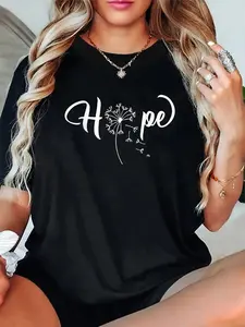 100% Cotton Unisex Word That Say Hope Dandelion Cursive Calligraphy Font T-Shirt -Short Sleeve T-Shirt Women's Men's Graphic Tee Causal Tops