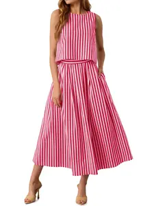 Tankaneo Womens 2 Piece Skirt Sets Summer Striped Sleeveless Tank Tops Midi Dress Travel Vacation Outfits Matching Sets