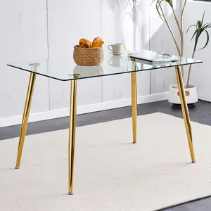 Modern Minimalist Rectangular Glass  Dining Table for 4-6 with 0.31" Tempered Glass Tabletop and Golden plating Metal Legs, Writing Table Desk,  51" *31"*30".,Dining Room Sets wayfair  furniture