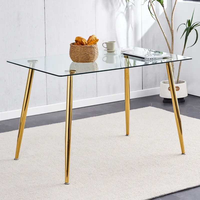 Modern Minimalist Rectangle Bistro Dining Table for 4-6 - 0.31" Tempered Transparent Glass Top, Golden Plated Metal Legs, 51"x31"x30", Assembly Required, Multi-Use Writing Desk, Indoor Furniture Dining Tables