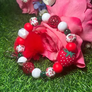 Strawberry disco keychain color scheme red, white, strawberry print and bling beads made with wire gift trend