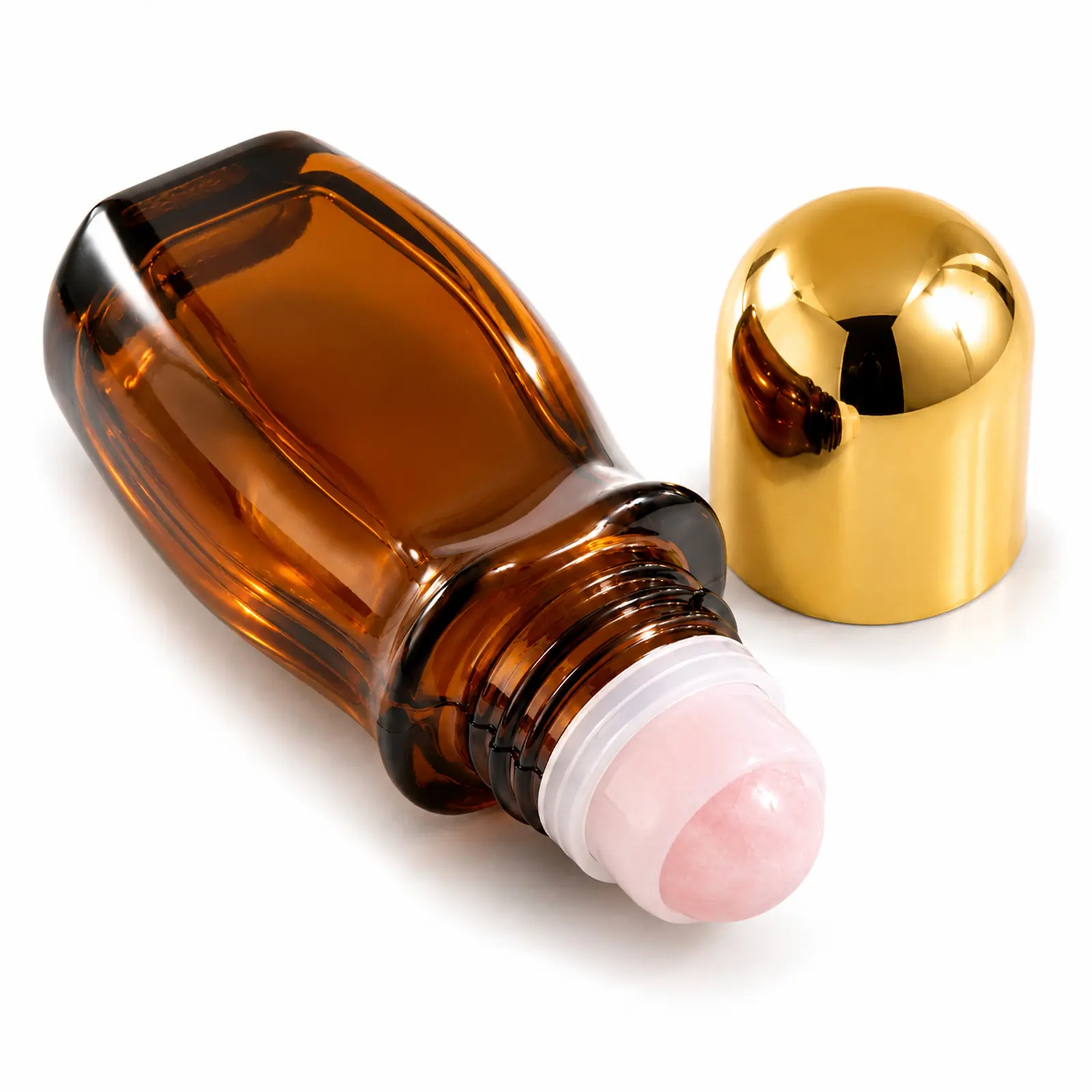 Rose Quartz Roller Bottle, 50ml Amber Glass Roll On Bottle Body Care Crystal Toiletry Aroma Scented Serums Cosmetic