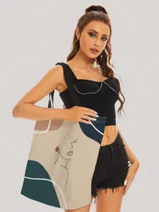 Oversized Multicolor Linen Shopper Bag – Casual Double Handle School Tote with Face Expression Print, No-Closure Design