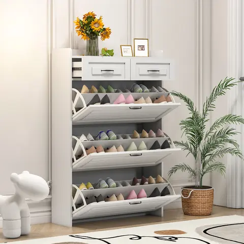 Spaco Slim 9.25" Adjustable Shoe Cabinet Organiser - Rectangle Multifunctional Entryway Storage, 3+2 Flip-Drawers Quick Access, Adjustable Shelves, 20-25kg Stable Load, 18-24 Pair Capacity, Top for Keys/Wallets, White Indoor Cupboard for Small Rooms