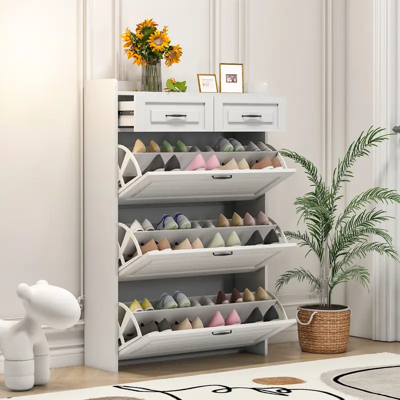 Spaco Slim 9.25" Adjustable Shoe Cabinet Organiser - Rectangle Multifunctional Entryway Storage, 3+2 Flip-Drawers Quick Access, Adjustable Shelves, 20-25kg Stable Load, 18-24 Pair Capacity, Top for Keys/Wallets, White Indoor Cupboard for Small Rooms