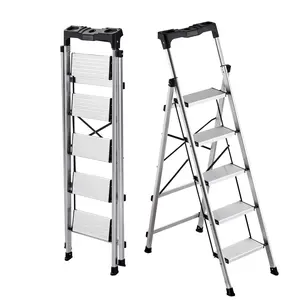 VEVOR 5 Step Ladder, Folding Step Stool with Wide Anti-Slip Pedal and Comfort Handgrip, 330 lbs Capacity Portable Aluminum Stepladder, Multi-Use for Kitchen, Warehouse, Household and Office, Silver
