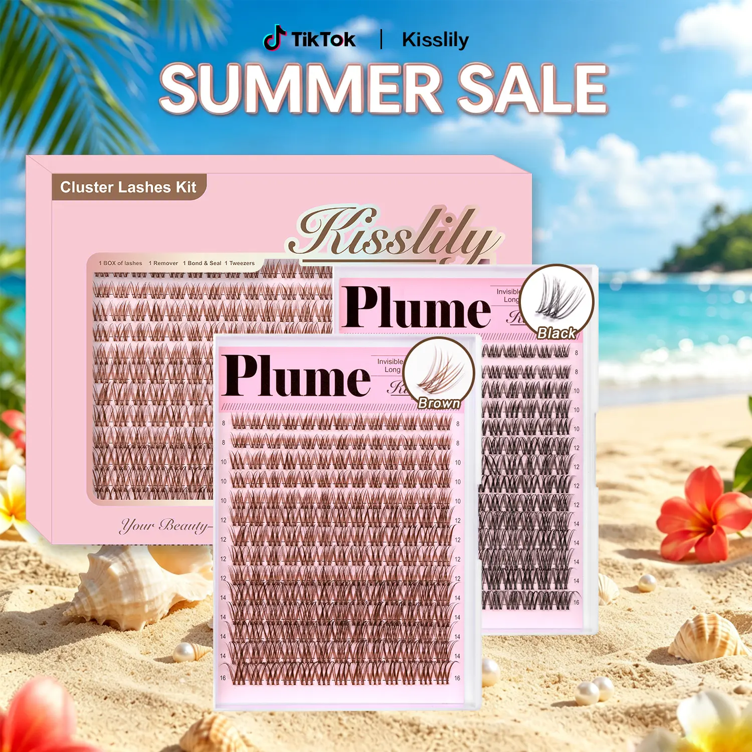 Plume | Kisslily Brown Lash Clusters Invisible Band Natural Lash Extension Kit with Bond & Seal Mascara Look DIY Lashes 8-16mm C Curl D Curl Long Lasting Beginner Friendly #summerfinds #SummerWins