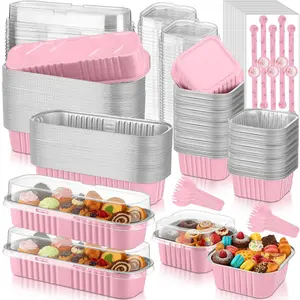120 Pcs Mini Loaf Pans with Lid and Spoons 6.8oz Rectangular Aluminum Foil Bread Pan and 5oz Square Baking Cup Disposable Cake Dessert Cup with Decal for Wedding Birthday