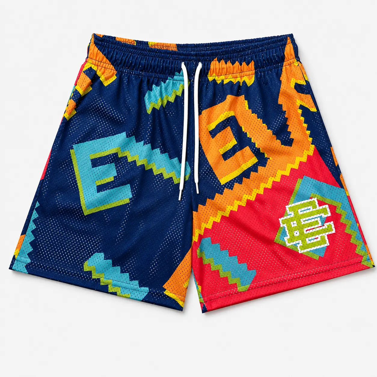EE Men’s Graphic Mesh Basketball Shorts, Retro Geometric Print Athletic Shorts, Breathable Casual Streetwear Gym Shorts with Elastic Waist