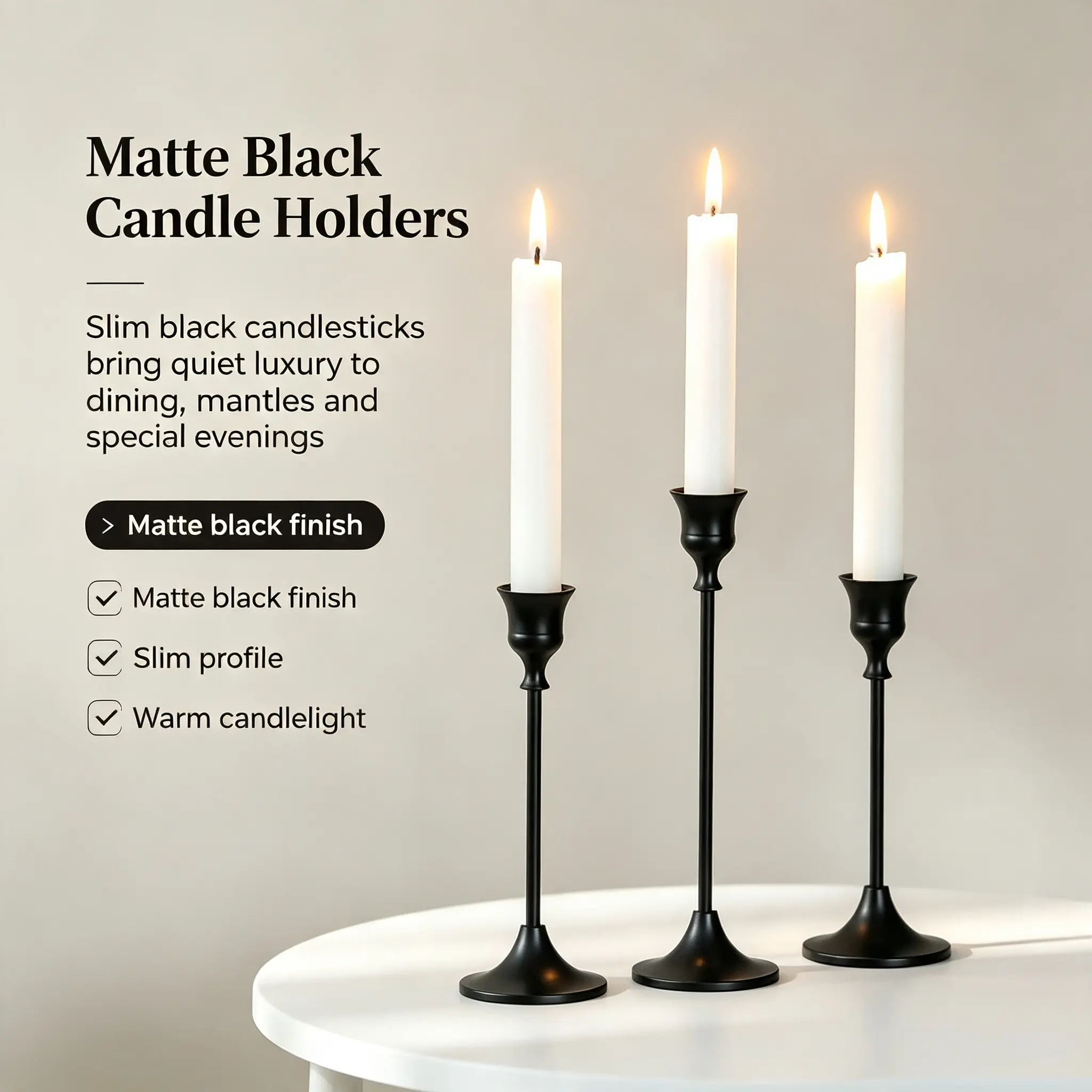 Matte Black Metal Modern Slim Taper Candle Holders Set (3/6/12/18/24/30) with Non-Blocking Stem, Quiet Luxury Wedding Home Decor Table Centerpieces, Candles Not Included