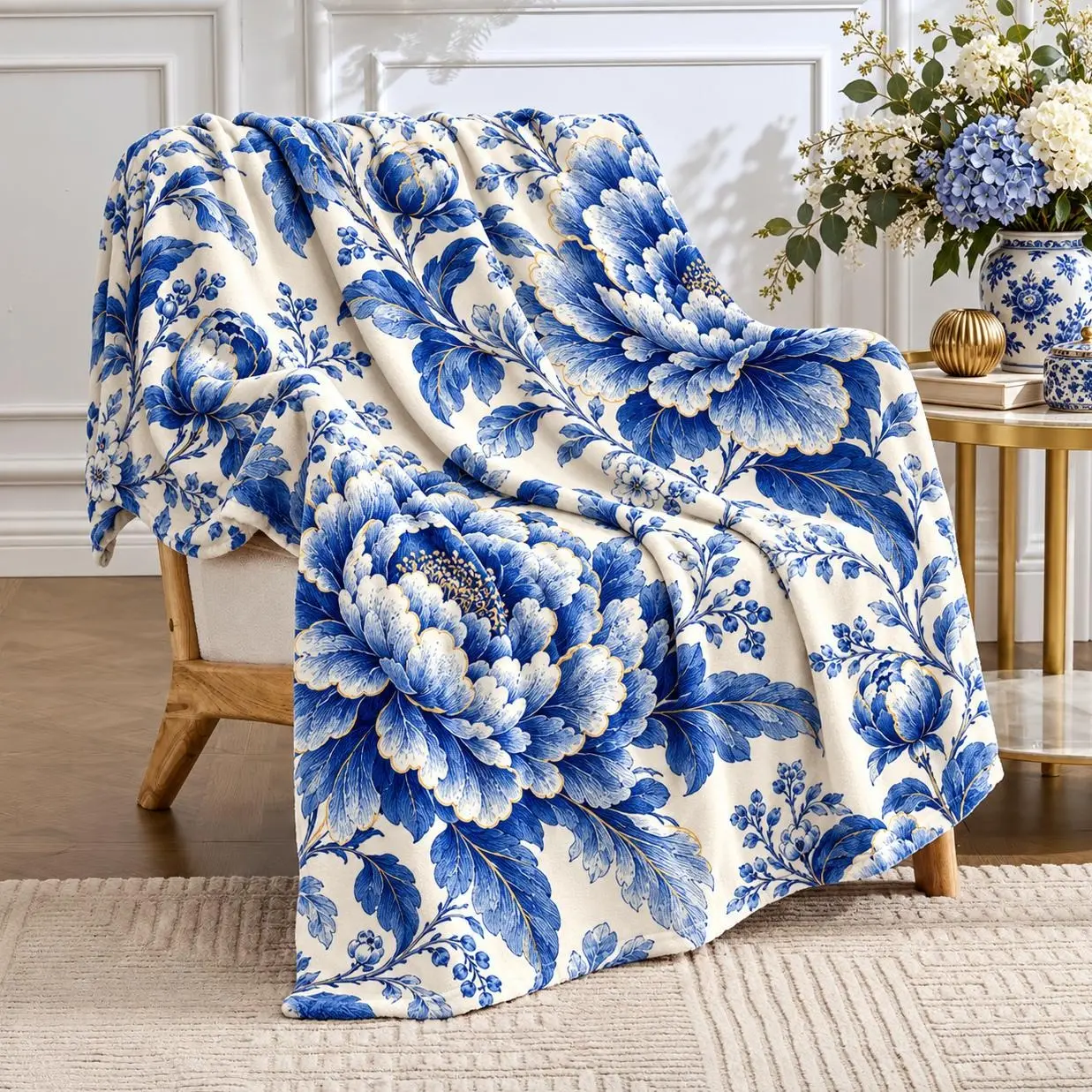 Blue Floral Throw Blanket, Vintage Peony & Chinoiserie Print, Soft Cozy Flannel Fleece, Lightweight Blanket for Couch, Sofa & Bed, Multiple Sizes, Cottagecore Home Decor & Gift for Flower Lovers, Colorful Fuzzy blankets