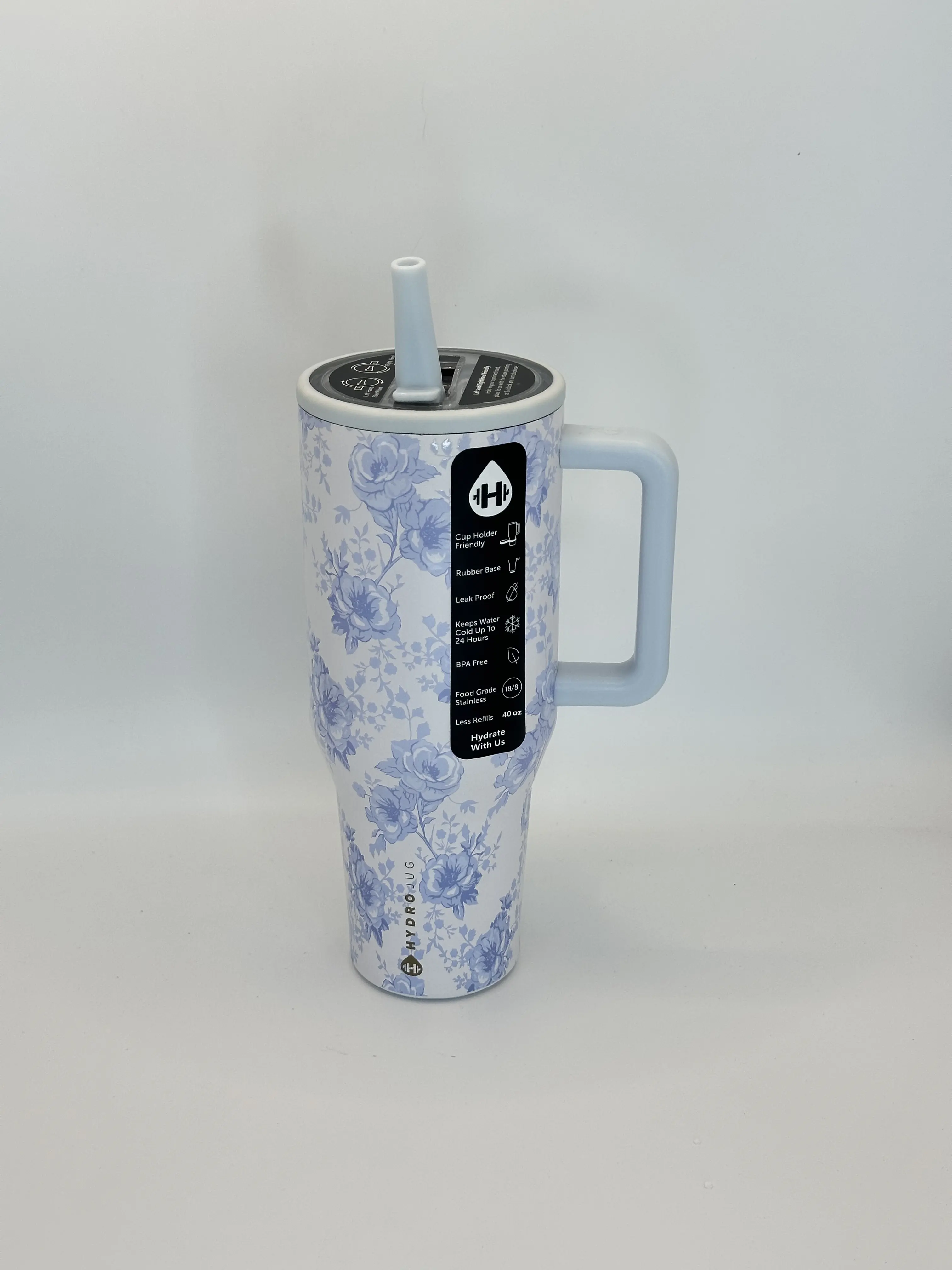 40oz HydroJug Traveler Insulated Stainless Steel Flask - Light Blue Vintage Floral Rose Print, Leakproof, Handle & Straw Lid, Car Cup Holder Friendly, Portable Kitchenware Drinkware, Flasks