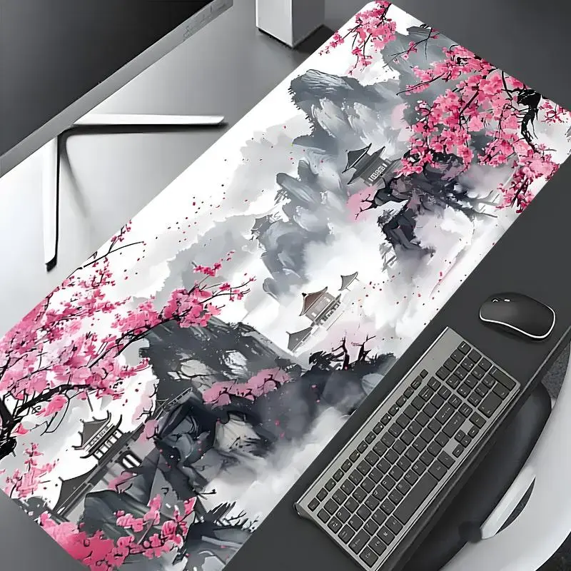 Japanese Cherry Blossom Pattern Rectangle Gaming Mousepad, Non-slip Rubber Base Desk Accessory for Desktop Protection, Home Office Aesthetic Decor Gadget