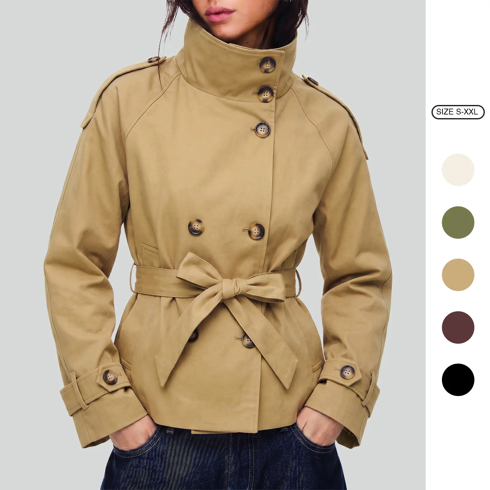Imily Bela Women's Cropped Trench Coat Stand Collar Double Breasted Belted Short Windbreaker Jacket with Epaulets, Polka Dot & Solid Color Casual Outerwear S-XXL