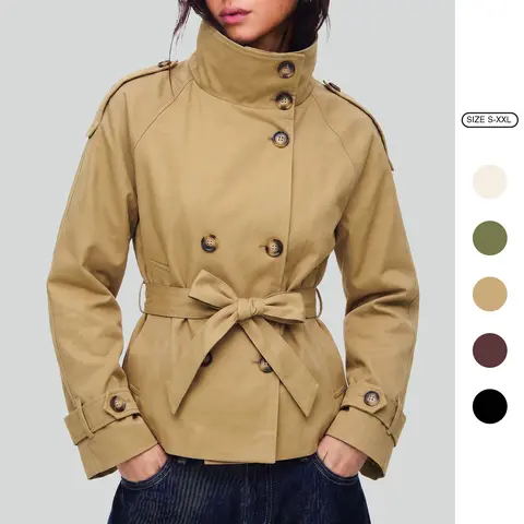 Imily Bela Women's Cropped Trench Coat Stand Collar Double Breasted Belted Short Windbreaker Jacket with Epaulets, Polka Dot & Solid Color Casual Outerwear S-XXL