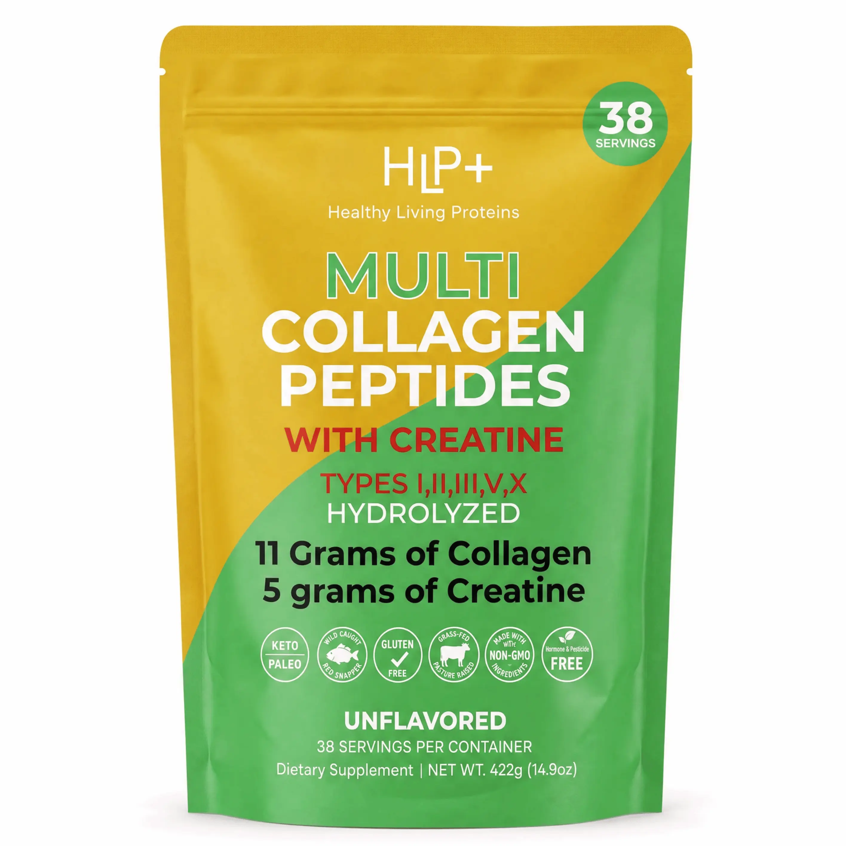 Multi Collagen Peptides + Creatine Monohydrate Dietary Supplement Powder - Hydrolyzed Protein (Types I,II,III,V,X), 5g Creatine, Unflavored, Non-GMO, Keto - Fitness Protein Collagen Supplements for Muscle Recovery, Joint Support