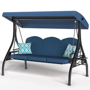 【Summervibes】3-Seat Outdoor Canopy Porch Swing with Stand, Patio Swing with Canopy, 2 in 1 Porch Swing Bed & Patio Swing Chair for Adult, Yard Swing Extra 2 Piece Free Pillows and Cup Holder