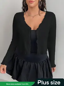 【Plus Size】 Basic Solid Color Open Front Drop Shoulder Cropped Jacket, Casual Style Outerwear Long Sleeve Cropped for Daily Wear, Women's Plus Clothing for Spring & Fall, Coats, Womenswear