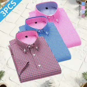 Set of 3 men’s short-sleeve dress shirts—striped and solid colors; suitable for business and casual activities, office wear, and parties; men’s shirts, men’s summer clothing,summervibes
