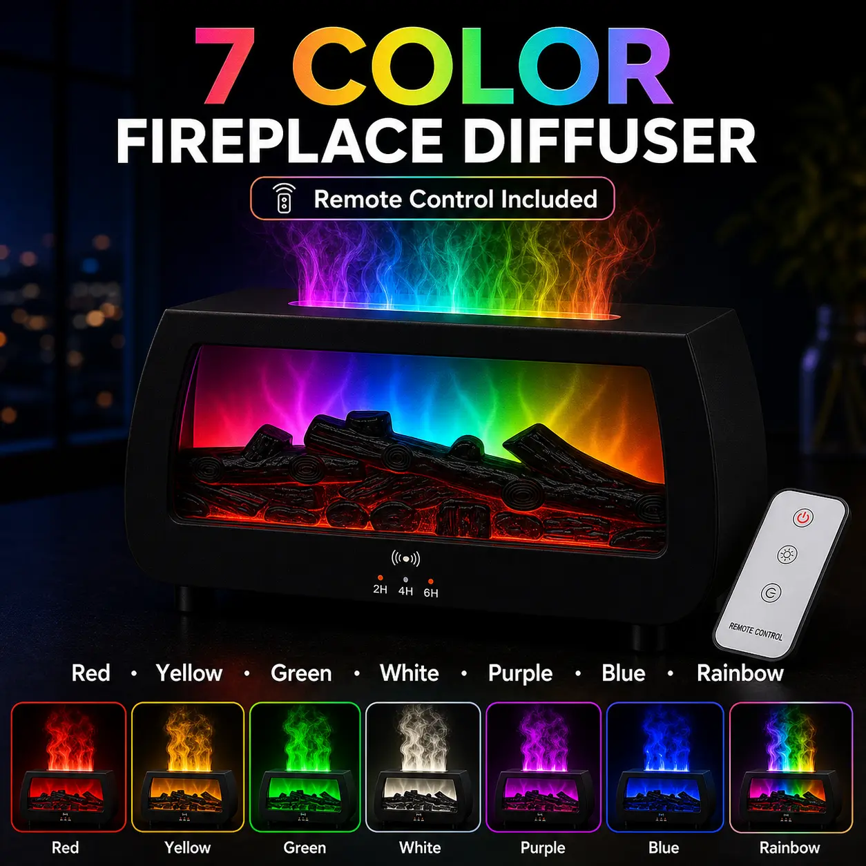 7 Color Fireplace Aroma Diffuser with Remote & 3 Essential Oils, Cool Mist Flame Diffuser, USB Powered Essential Oil Diffuser for Bedroom, Desk, Room Decor & Gifts