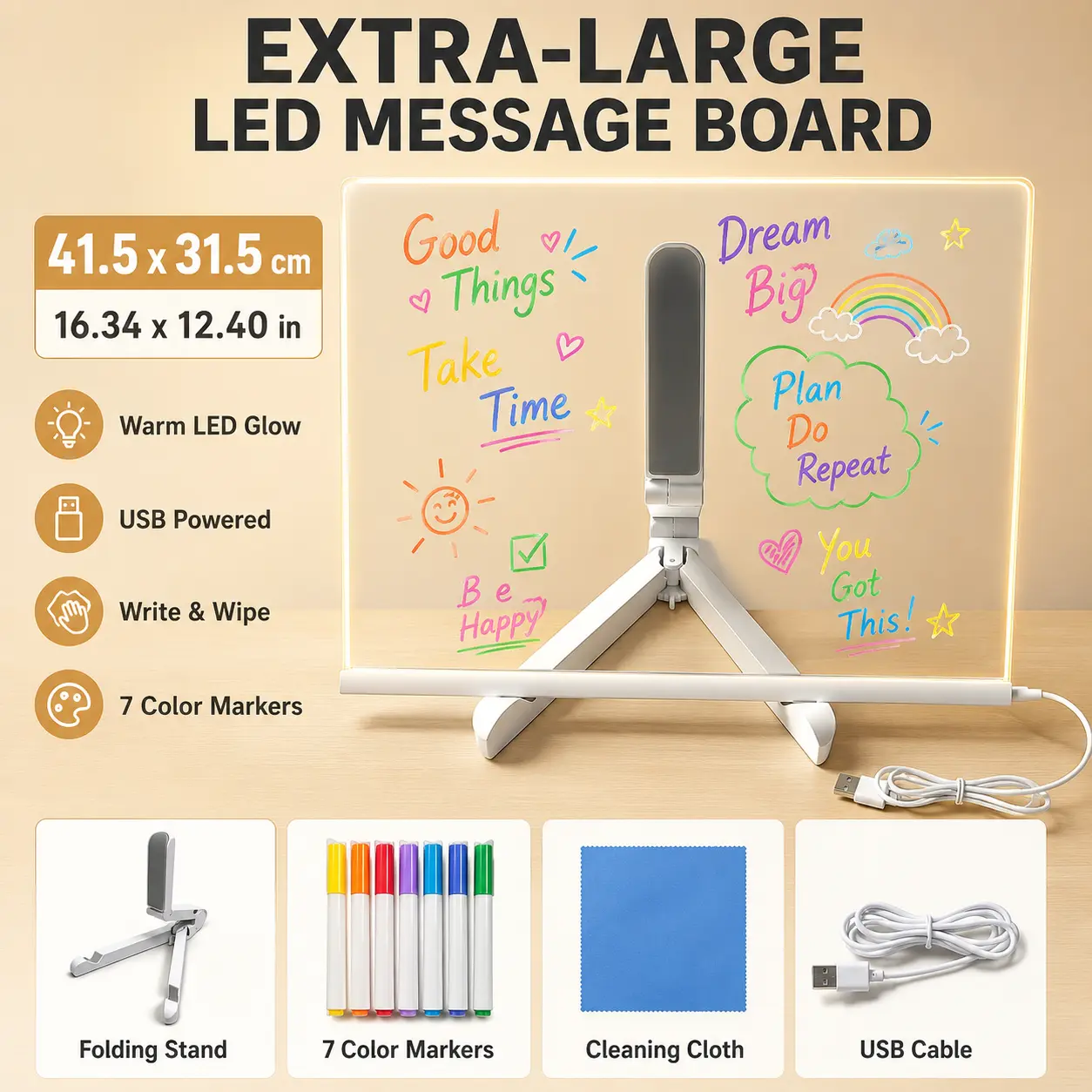 Extra-Large 16.34" LED Note Board with Colors, Light-Up Acrylic Dry Erase Message Board with Folding Stand, Warm Glow USB Powered Reusable Memo & Drawing Board, 7 Markers + 2 Cleaning Cloths for Home Office, Kitchen, Study & Shop