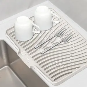 Silicone Dish Drying Mat for Kitchen Counter, Dish Drying Pad, Non-Slip Drain Pad with Built-in Drain, Heat Resistant Stone Drying Mat(16" x 12", Cream)