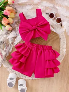 Baby Girl Fashion Set, Casual Short Sleeve Top & Layered Hem Shorts, Perfect for Daily Wear, Stylish Baby Outfit