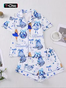 Women's All-Over Print Pajama Set, Short Sleeve Button Front Top & Elastic Shorts, Casual Home Wear, Comfortable Sleepwear for Women