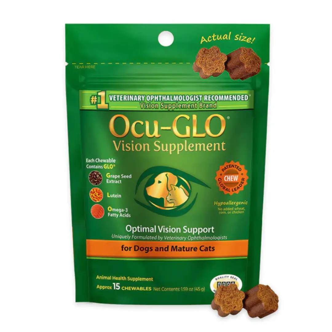 Ocu-GLO Vision Soft Chews - Fish Oil Pet Supplement with Imitation Chicken Flavor, Folic Acid 20 mcg, Mixed Tocopherols, No Unspecified Additives, Daily Use Eye Support for Dogs, Palatable Texture
