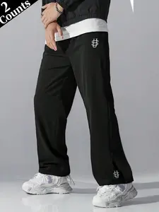 American high-street heavyweight gray straight-leg sweatpants for men — loose fit with a drapey feel; streetwear brand embroidery; zip fly wide-leg joggers suitable for spring/autumn and street dance.,summervibes