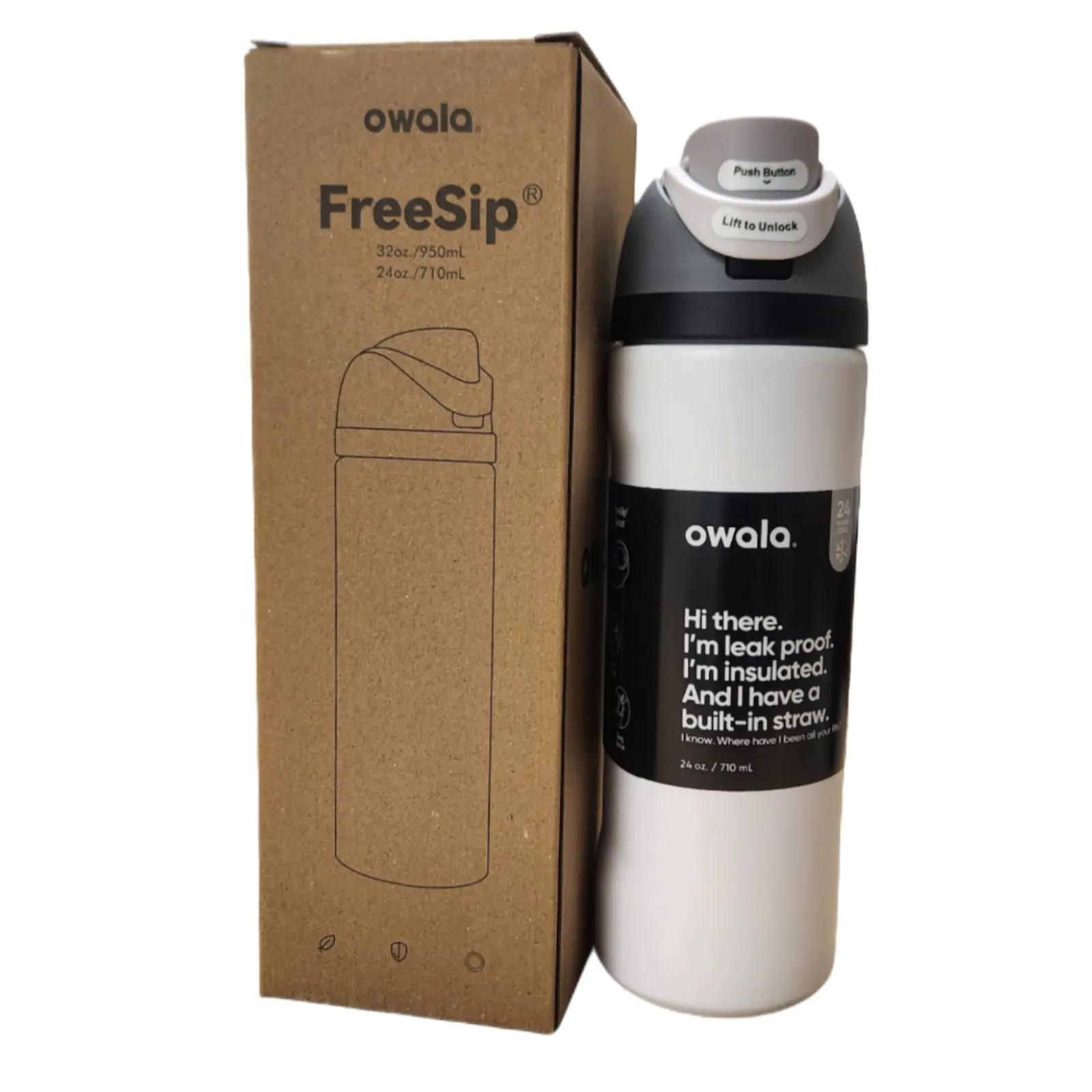 Owala FreeSip Insulated Stainless Steel Water Bottle, 24 oz, white GIFT