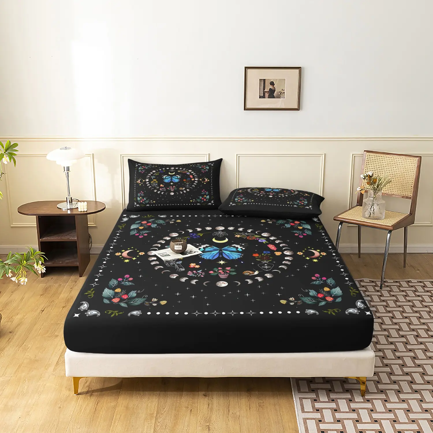 3pcs Bohemia Moon Phase Butterfly Mandala Fitted Sheet Set (1 Fitted Sheet + 2 Pillowcases, No Pillow), Boho Bedding Home Dormitory High-Definition Printed
